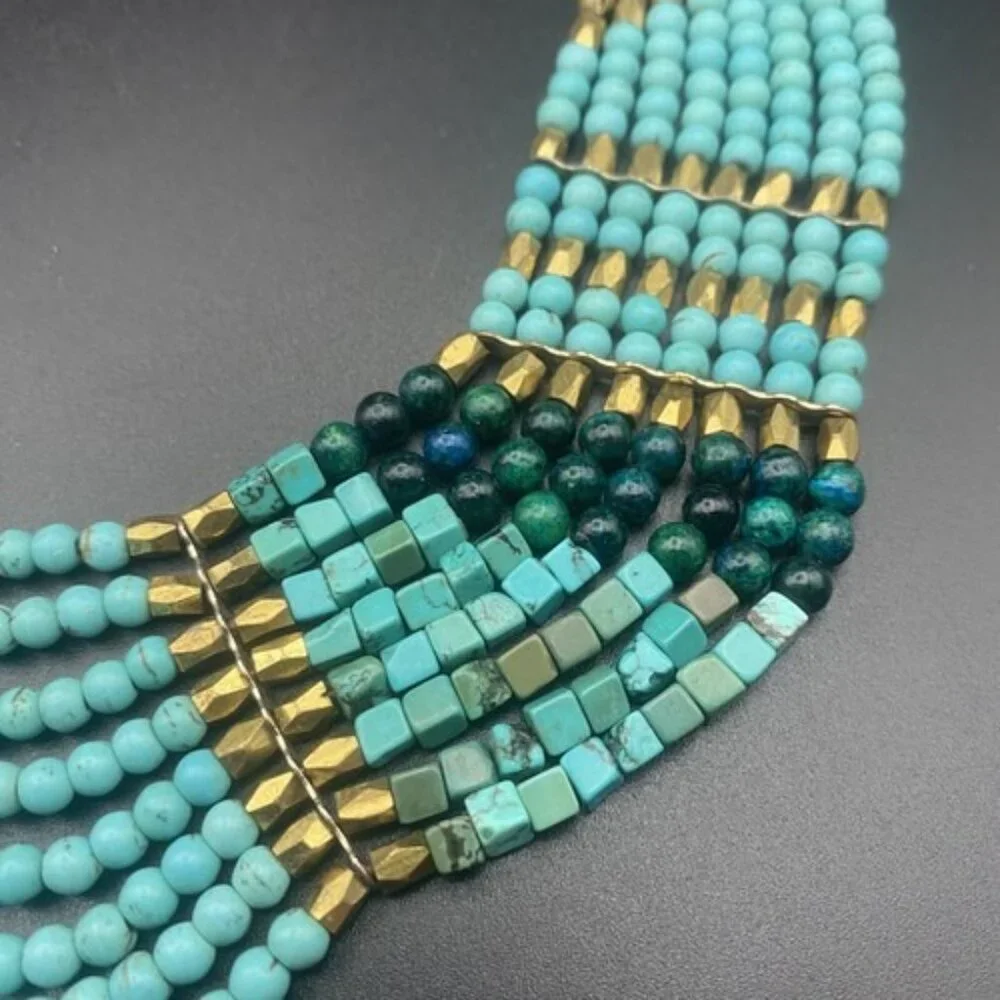 Nakamol Signed Necklace Layered Natural Stone Turquoise Bib Gold Bead Anthro SW - Picture 3 of 11